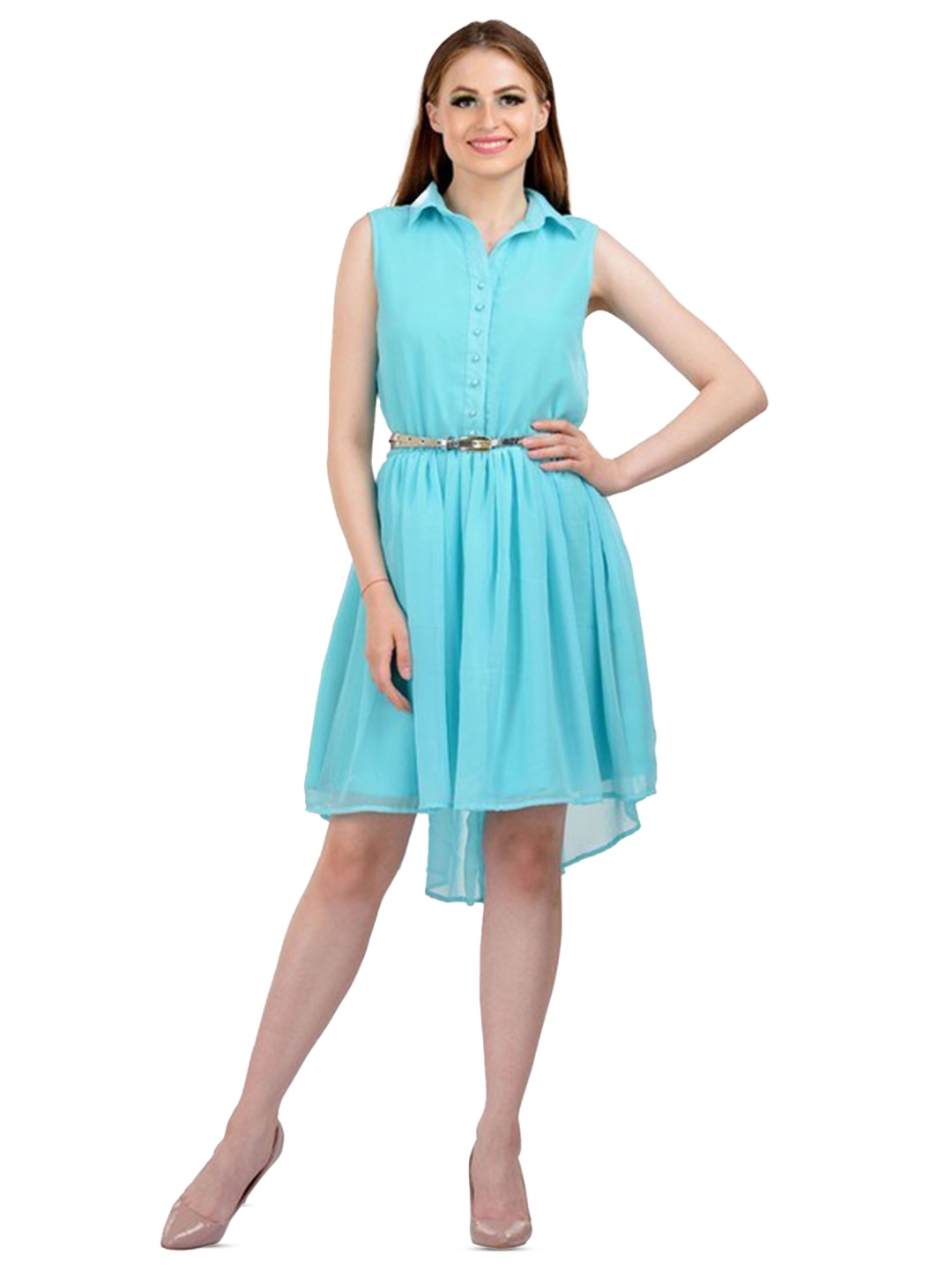 

Karmic Vision Shirt Collar Georgette Fit & Flare Dress, Blue