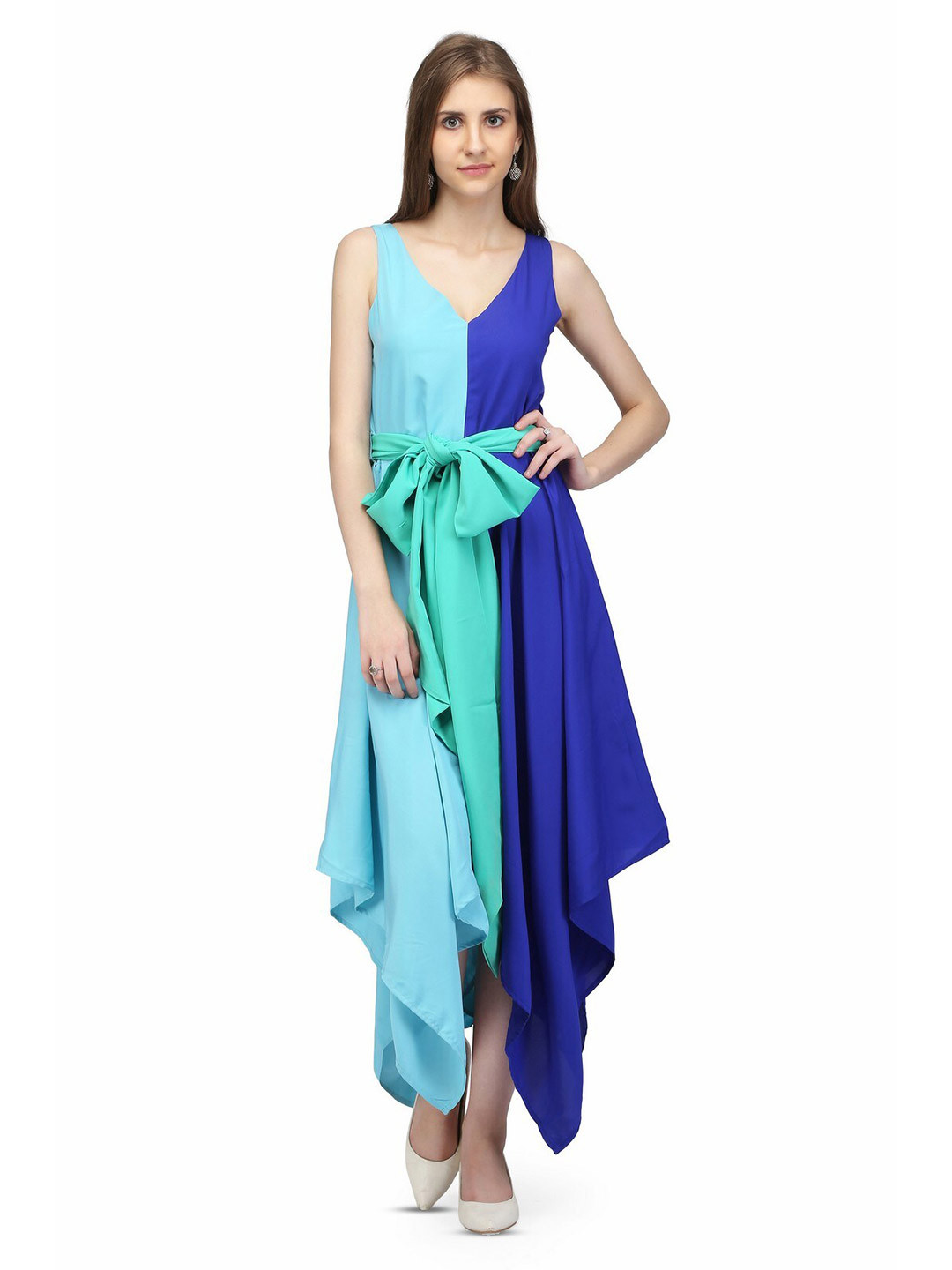 

Karmic Vision Colourblocked Georgette Fit & Flare Maxi Dress, Blue