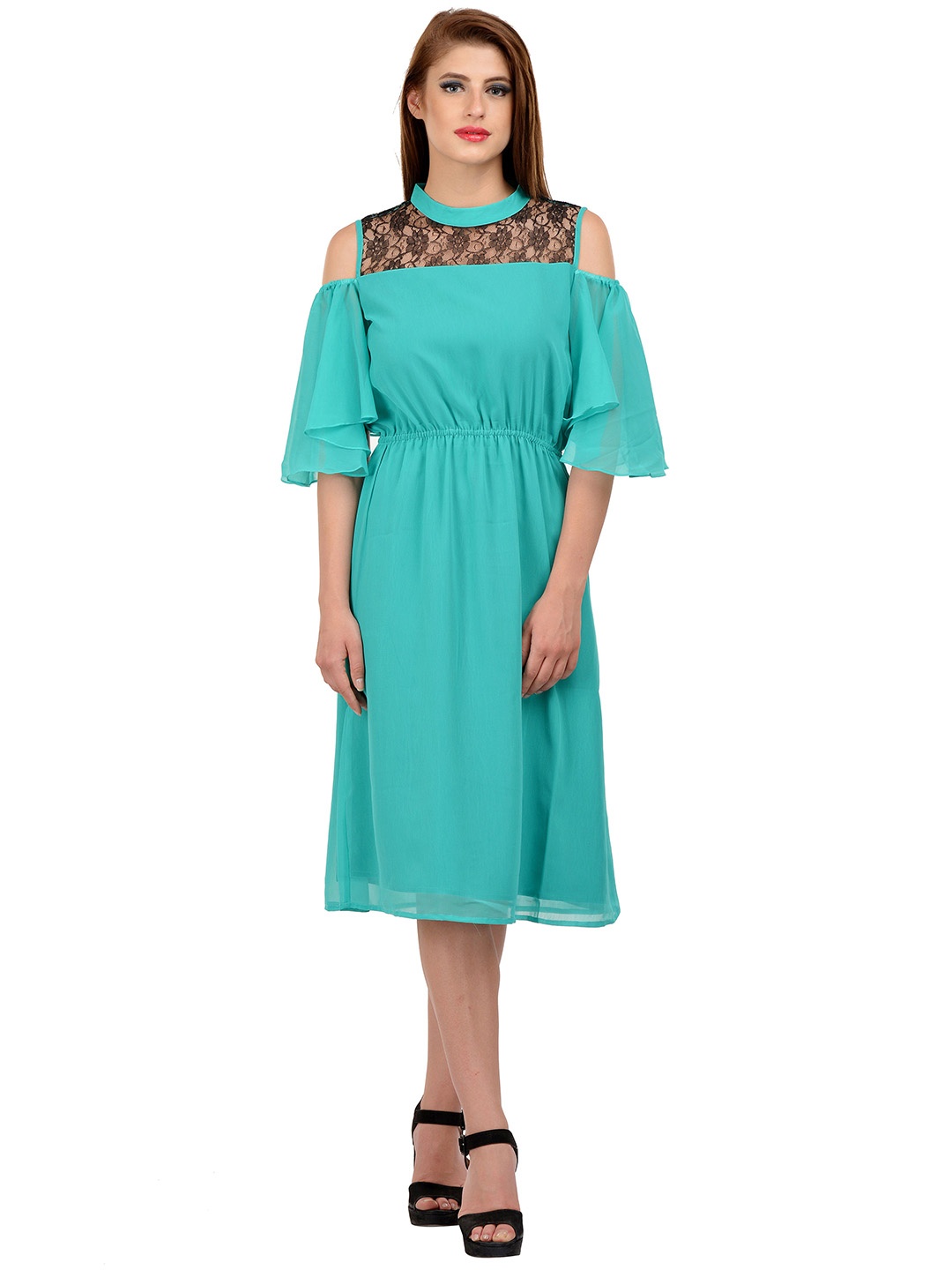 

Karmic Vision Flared Sleeve Georgette Fit & Flare Dress, Blue