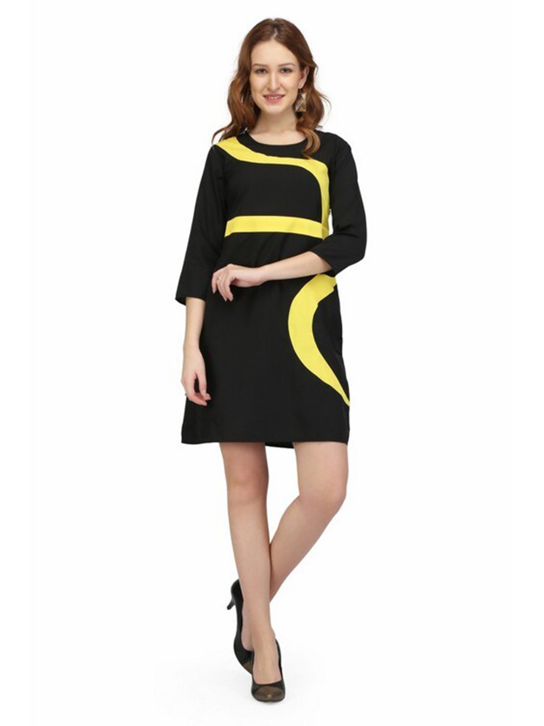 

Karmic Vision Round Neck Abstract Printed A-Line Dress, Black