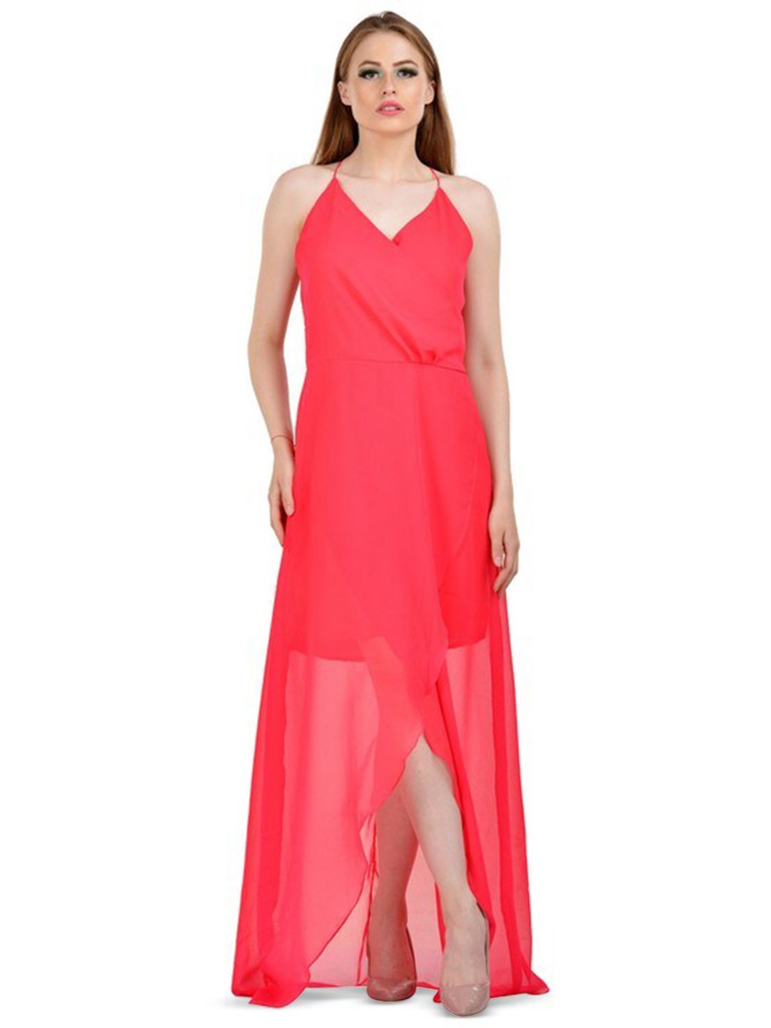 

Karmic Vision Shoulder Straps Sleeveless Georgette Maxi Wrap Dress, Pink
