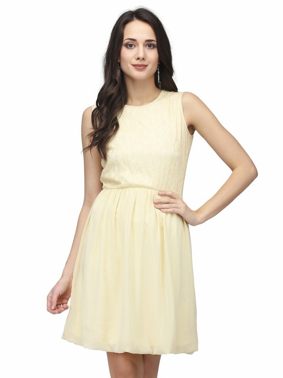 

Karmic Vision Round Neck Georgette Fit & Flare Dress, Yellow