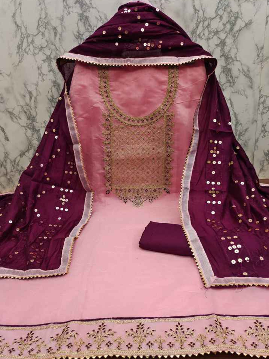 

faxofab Ethnic Motifs Embroidered Mirror Work Unstitched Dress Material, Pink