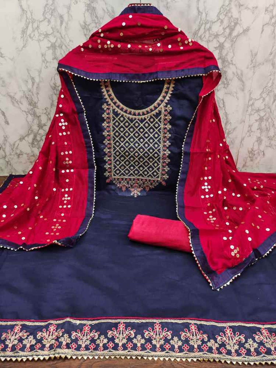 

faxofab Ethnic Motifs Printed Embroidered Unstitched Dress Material, Navy blue