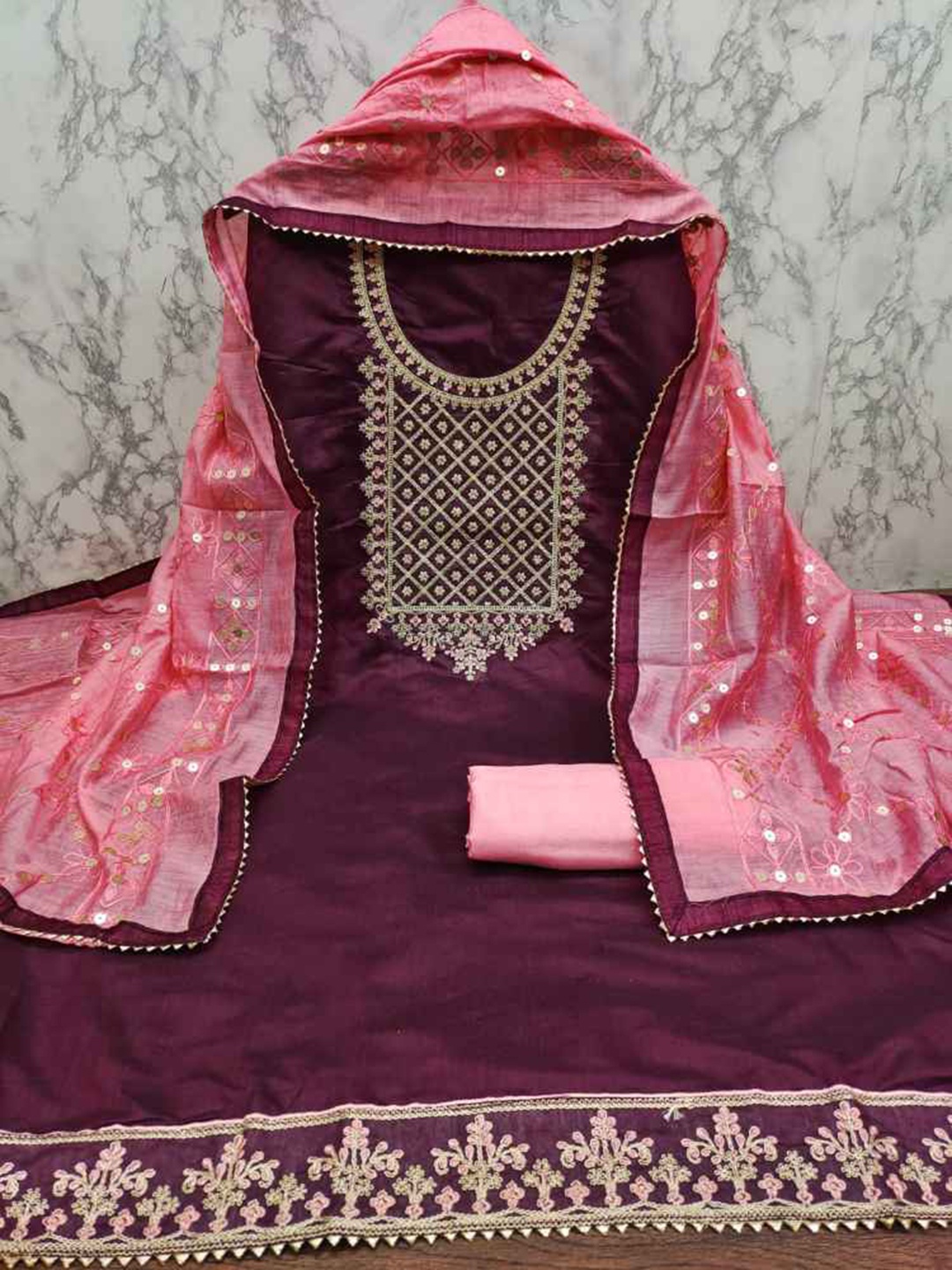 

faxofab Ethnic Motifs Embroidered Unstitched Dress Material, Purple