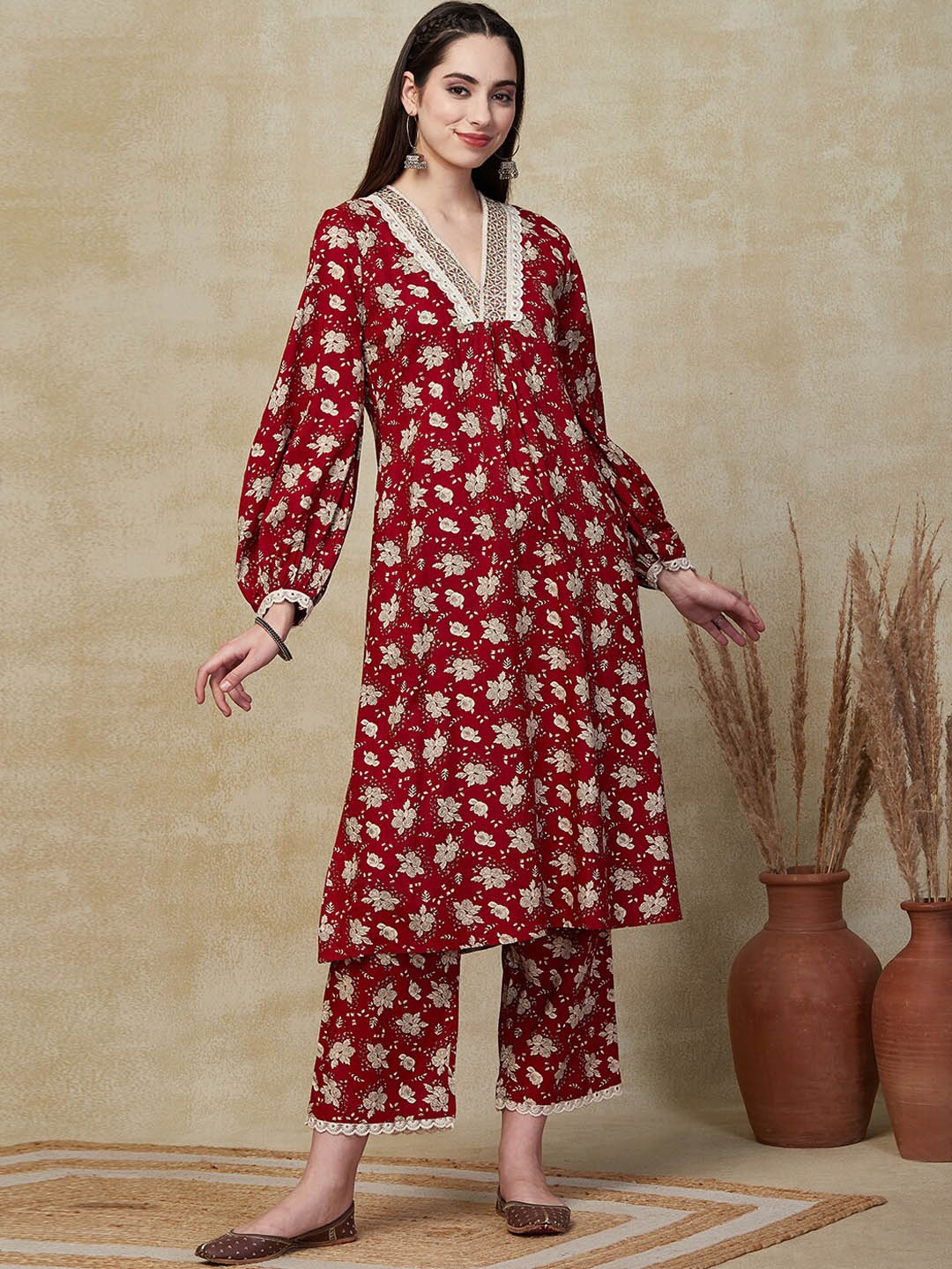 

FASHOR V-Neck Floral Printed Pleated Sequinned Kurta with Palazzos, Red