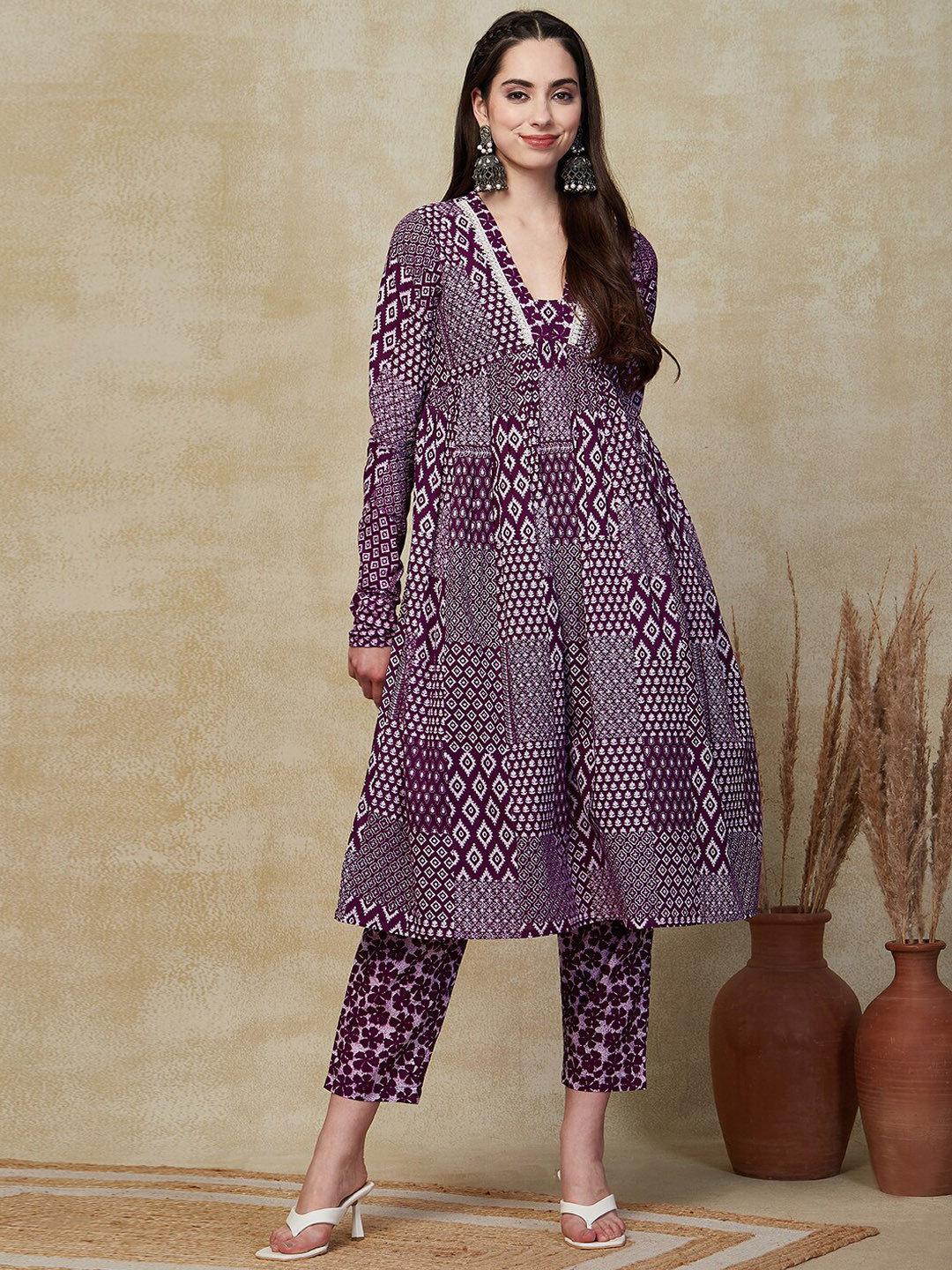 

FASHOR V-Neck Floral Printed Pleated Pure Cotton Kurta with Trousers, Purple