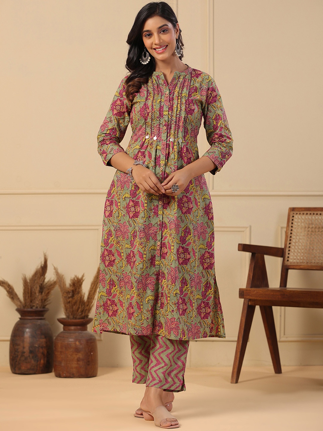 

FASHOR Floral Printed Thread Work Pure Cotton A-Line Kurta with Trousers, Olive