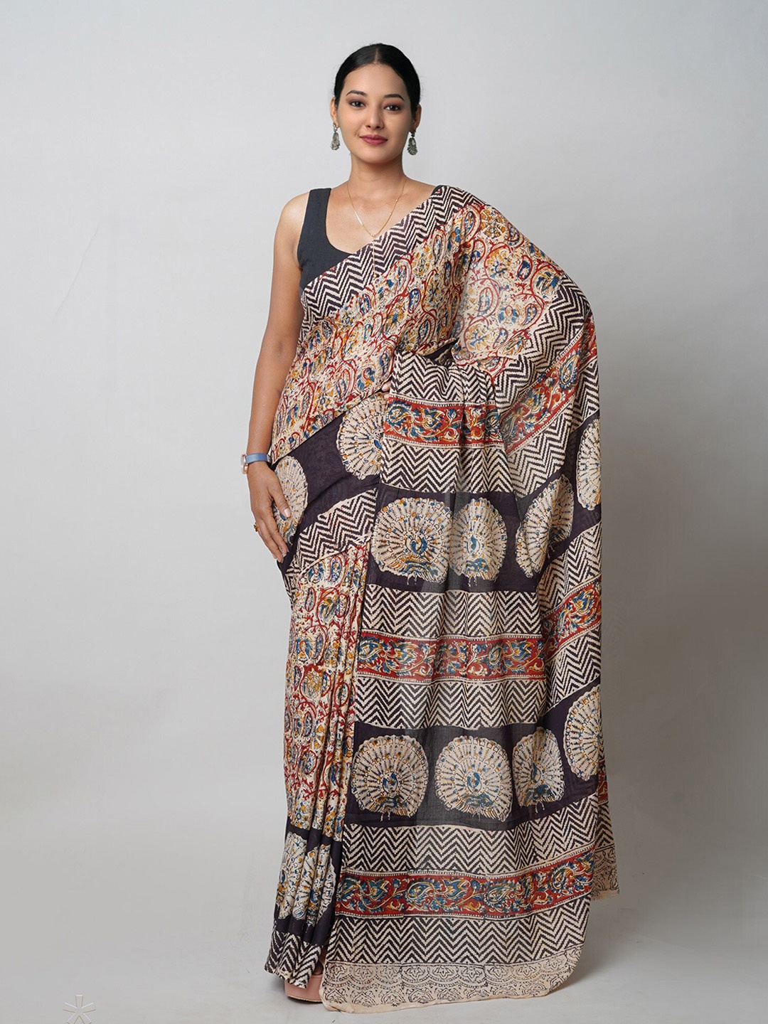 

Unnati Silks Kalamkari Printed Pure Cotton Handloom Chanderi Saree, White