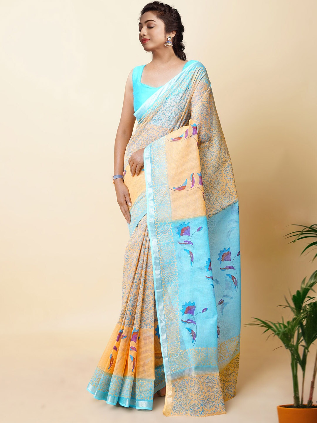 

Unnati Silks Ethnic Motifs Zari Silk Cotton Handloom Kota Saree, Yellow
