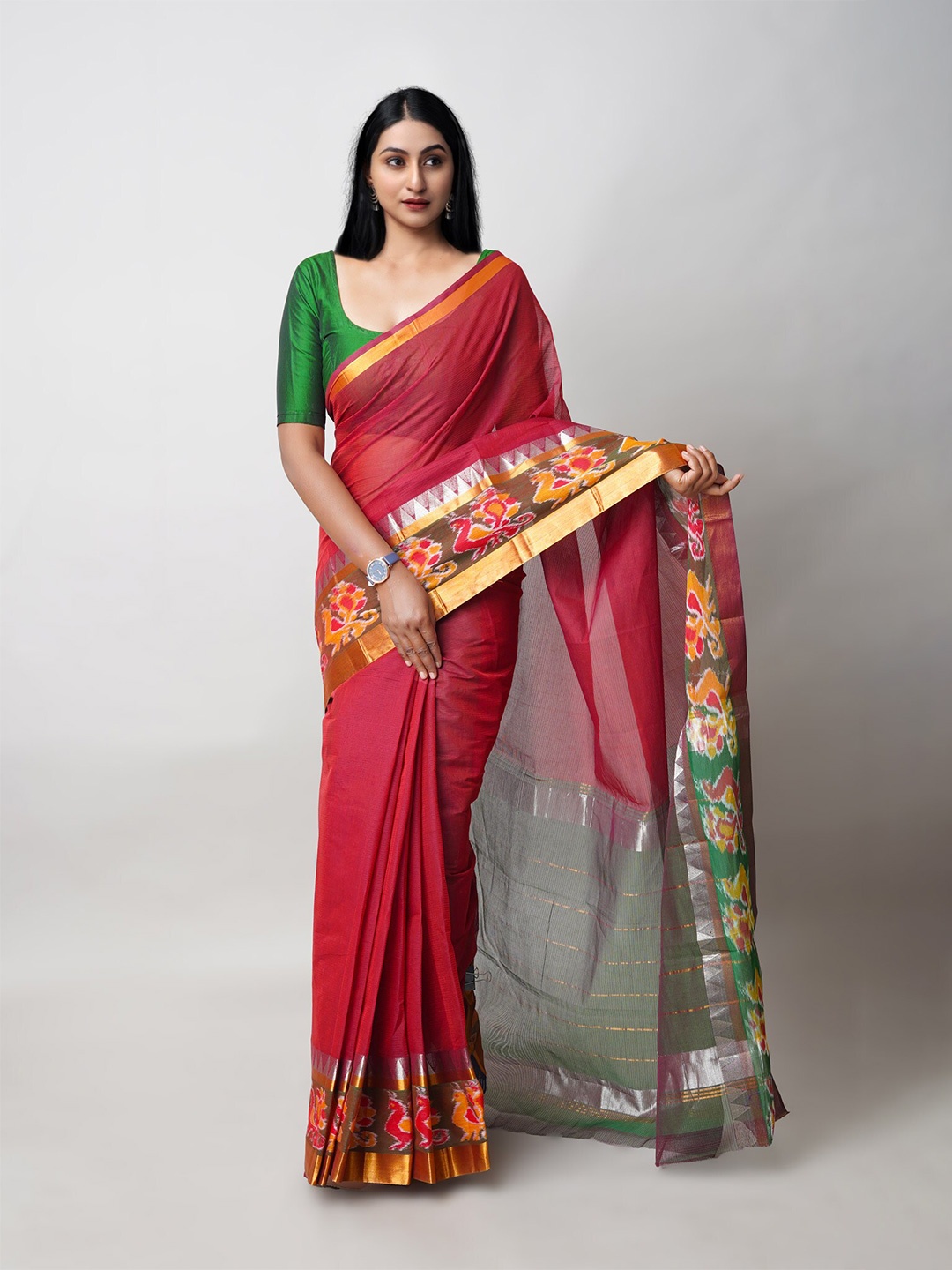 

Unnati Silks Zari Silk Cotton Handloom Pochampally Saree, Red