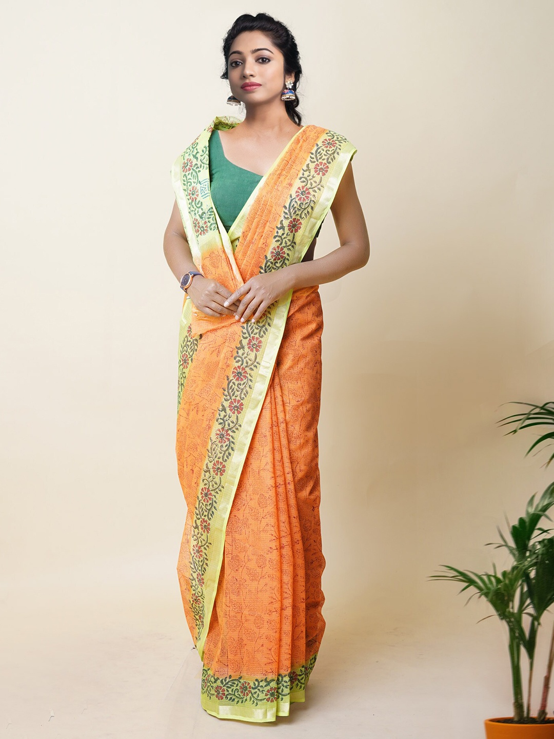 

Unnati Silks Ethnic Motifs Zari Silk Cotton Handloom Kota Saree, Orange