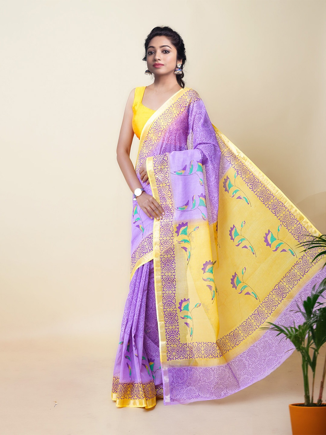 

Unnati Silks Ethnic Motifs Hand Block Printed Zari Handloom Kota Saree, Purple