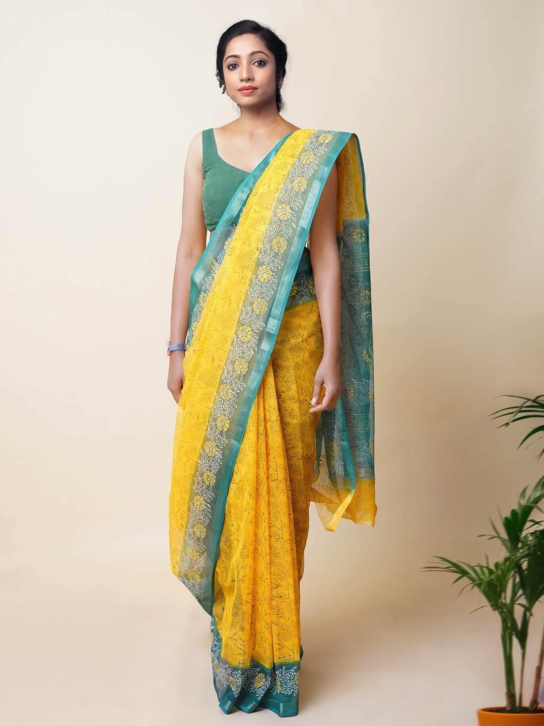 

Unnati Silks Floral Block Printed Zari Silk Cotton Handloom Kota Saree, Yellow