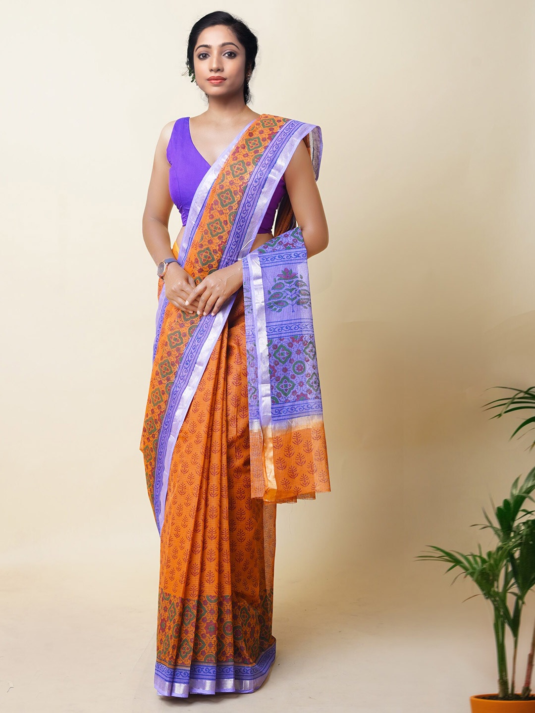 

Unnati Silks Ethnic Motifs Zari Silk Cotton Handloom Kota Saree, Orange