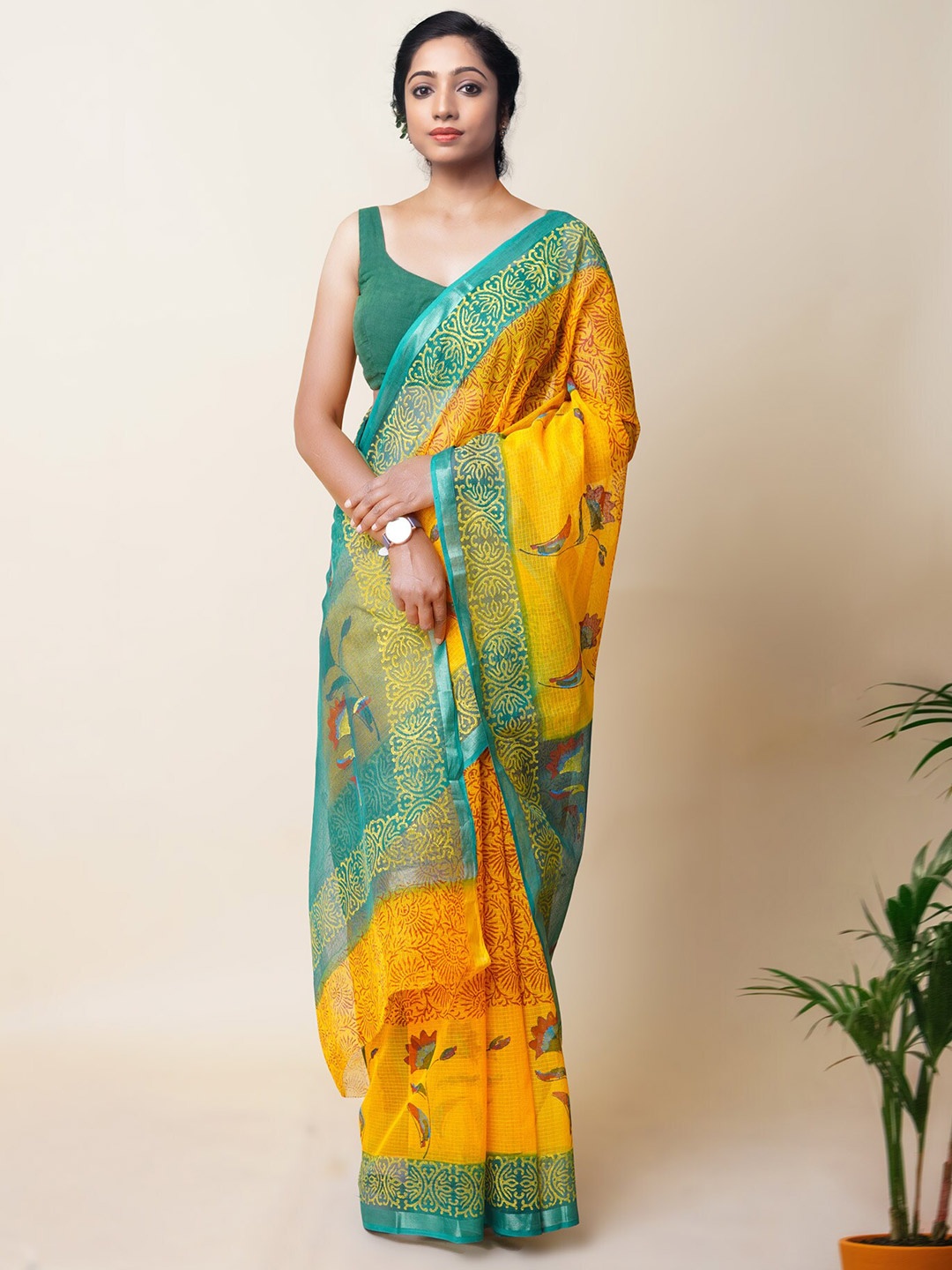 

Unnati Silks Ethnic Motifs Zari Handloom Kota Saree, Yellow