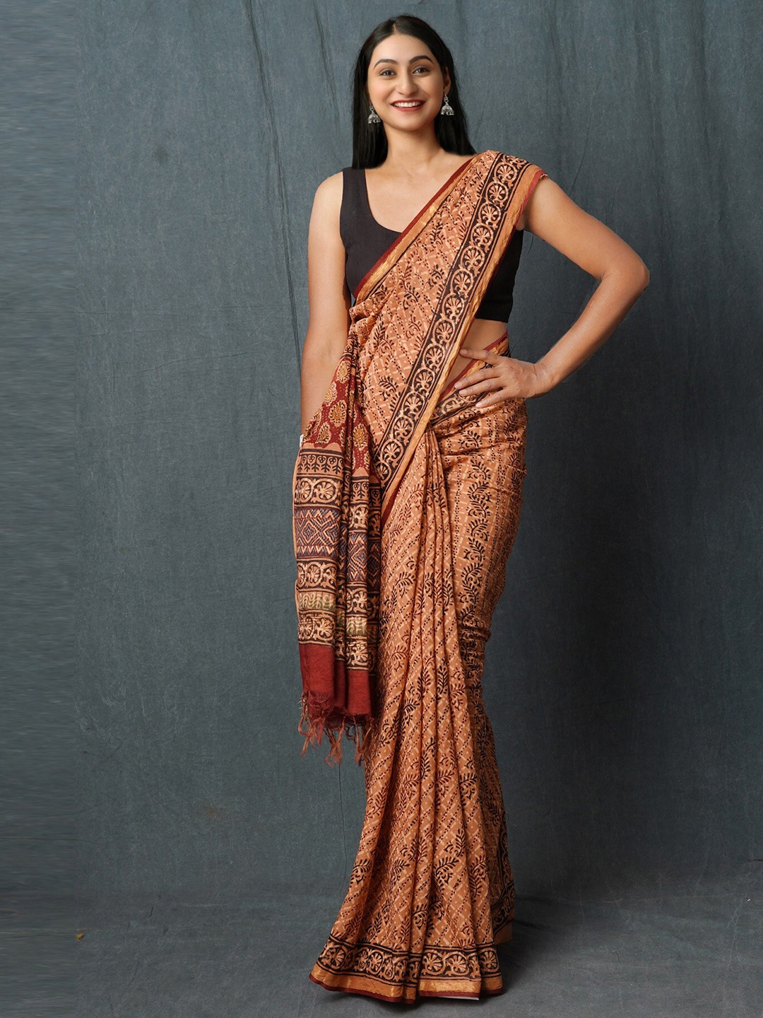 

Unnati Silks Kalamkari Printed Pure Cotton Handloom Chanderi Saree, Beige