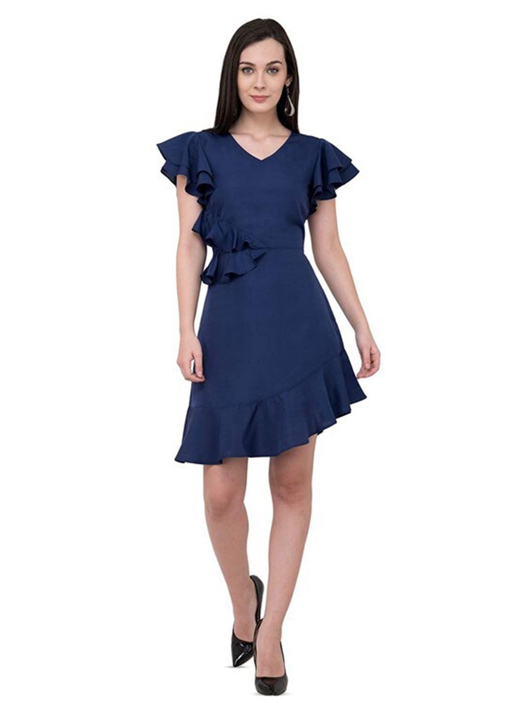 

Karmic Vision Flutter Sleeve Crepe Fit & Flare Dress, Blue