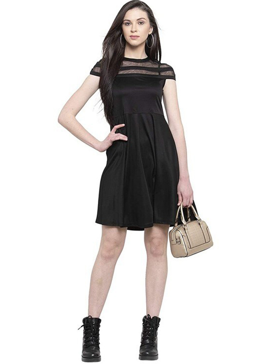 

Karmic Vision Round Neck Extended Sleeves Fit & Flare Dress, Black