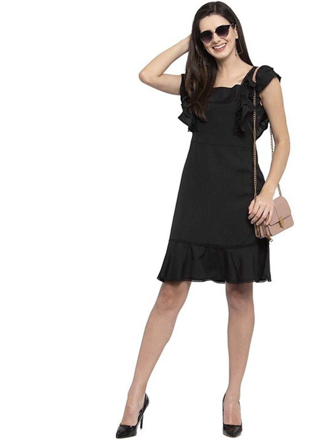 

Karmic Vision Flutter Sleeve Crepe Fit and Flare Dress, Black