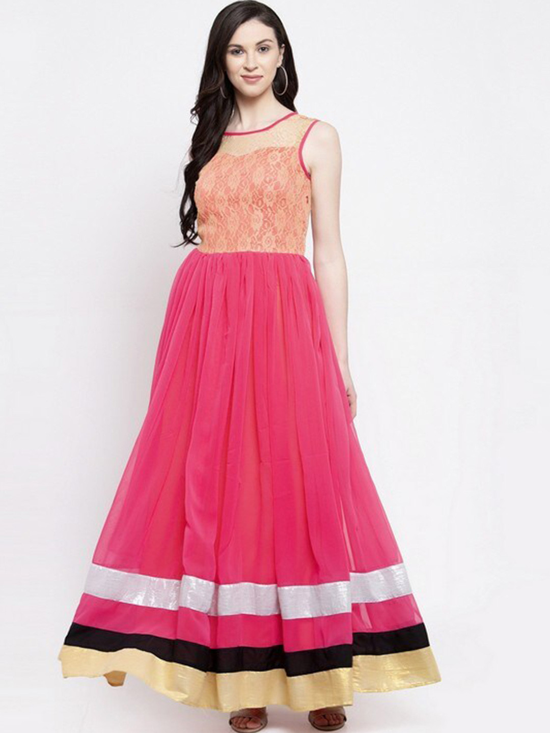 

Karmic Vision Embellished Lace Inserts Georgette Maxi Dress, Pink