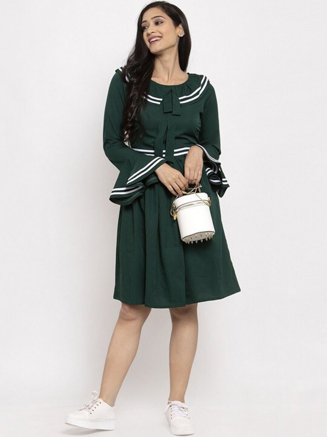 

Karmic Vision Bell Sleeve Crepe Fit & Flare Dress, Green