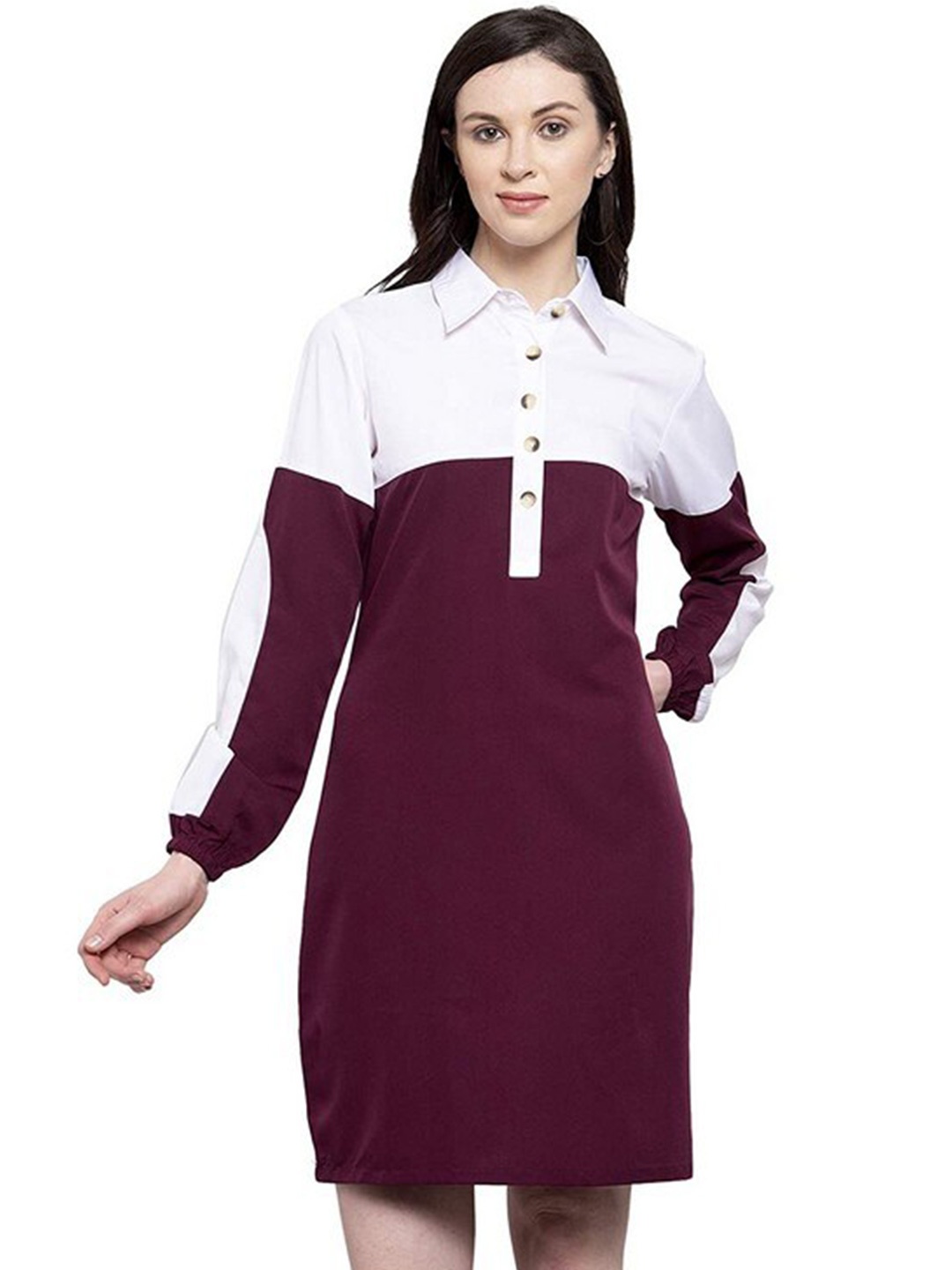 

Karmic Vision Shirt Collar Long Sleeves Colourblocked Crepe Shirt Dress, Purple
