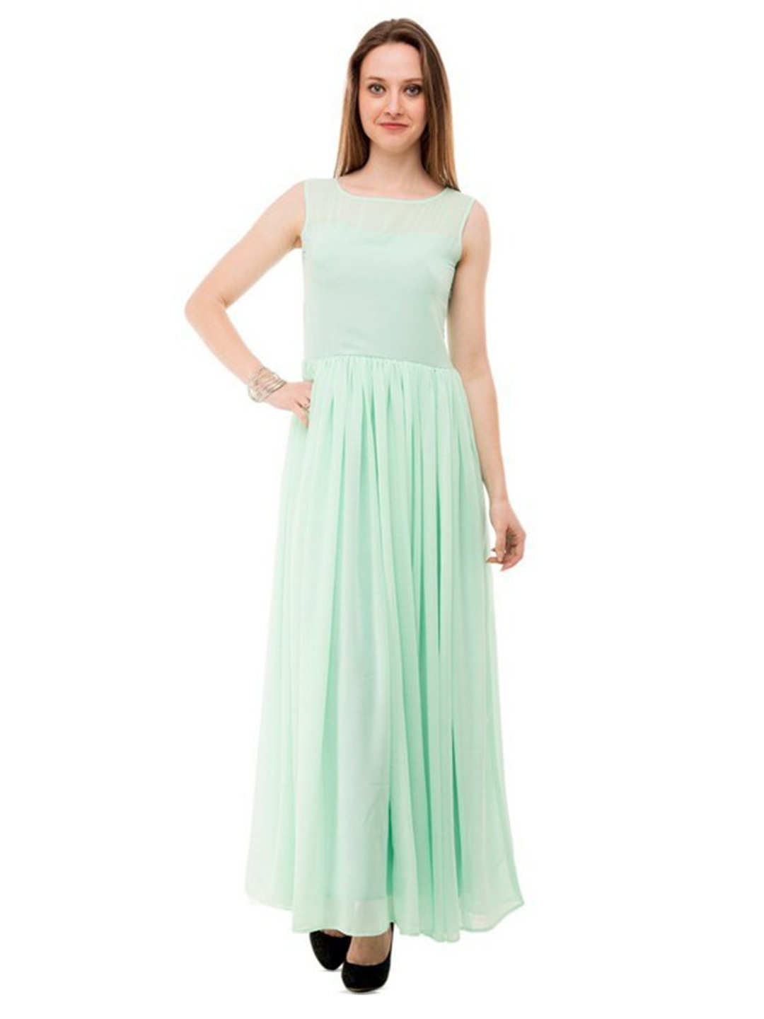 

Karmic Vision Round Neck Gathered Georgette Maxi Dress, Green
