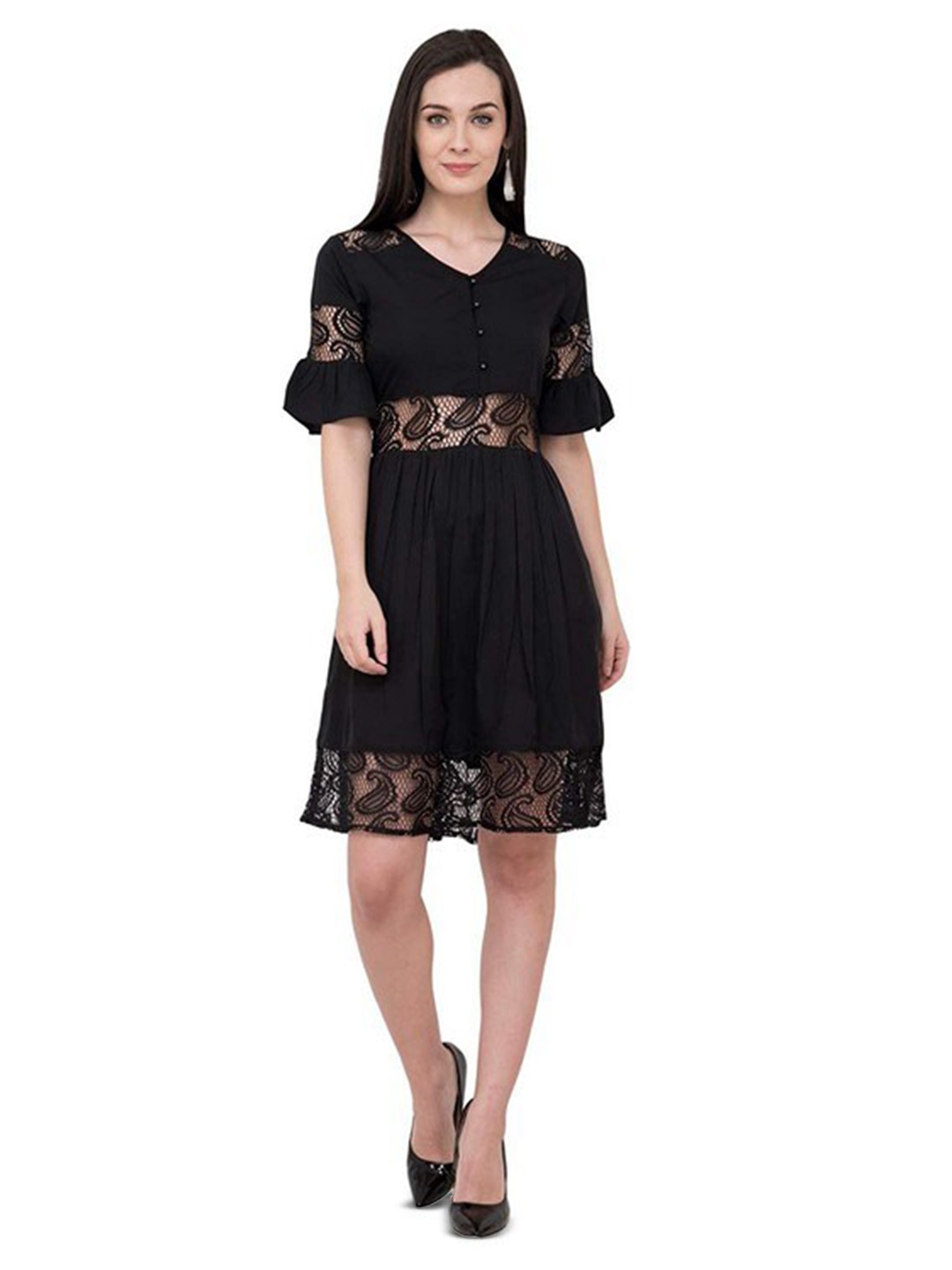 

Karmic Vision Self Design Flared Sleeves Fit & Flare Dress, Black