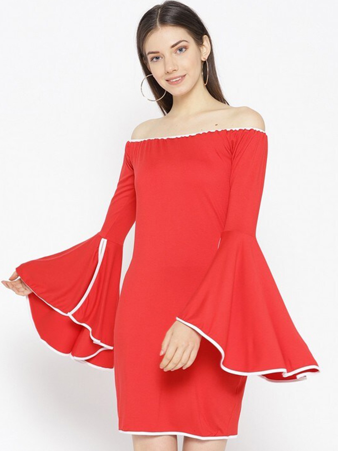 

Karmic Vision Off-Shoulder Bell Sleeve Sheath Dress, Red