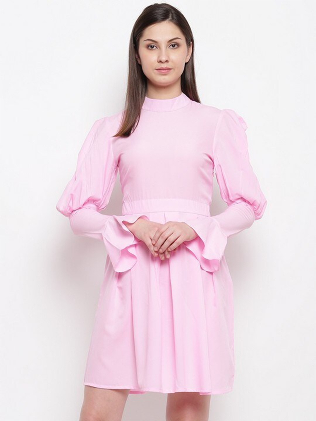 

Karmic Vision Bell Sleeve Crepe Fit & Flare Dress, Pink