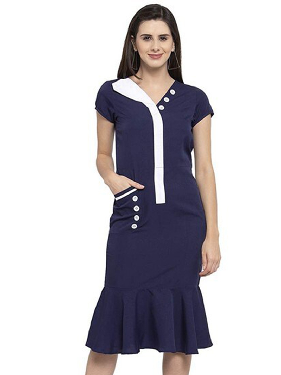

Karmic Vision V Neck Short Sleeves Flounce Hem Crepe Sheath Dress, Blue