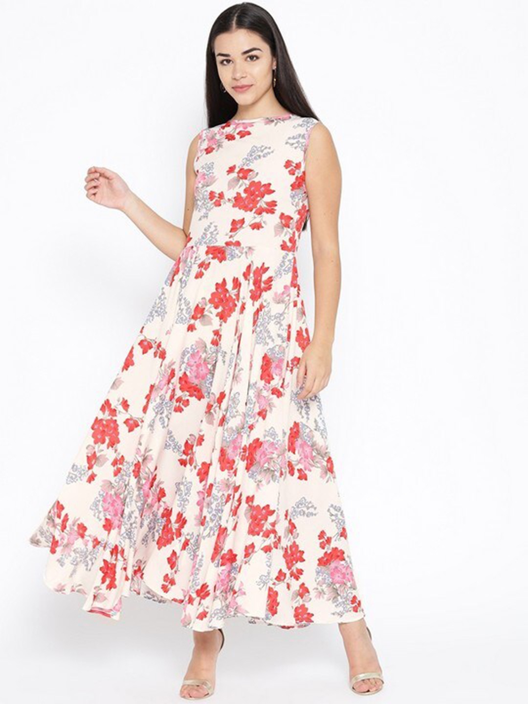 

Karmic Vision Floral Print Crepe Maxi Fit and Flare Dress, White