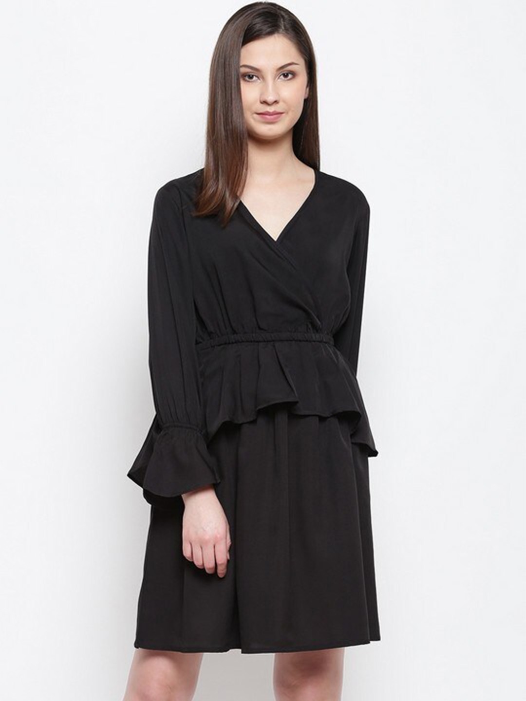 

Karmic Vision Bell Sleeve Ruffled Crepe Peplum Dress, Black