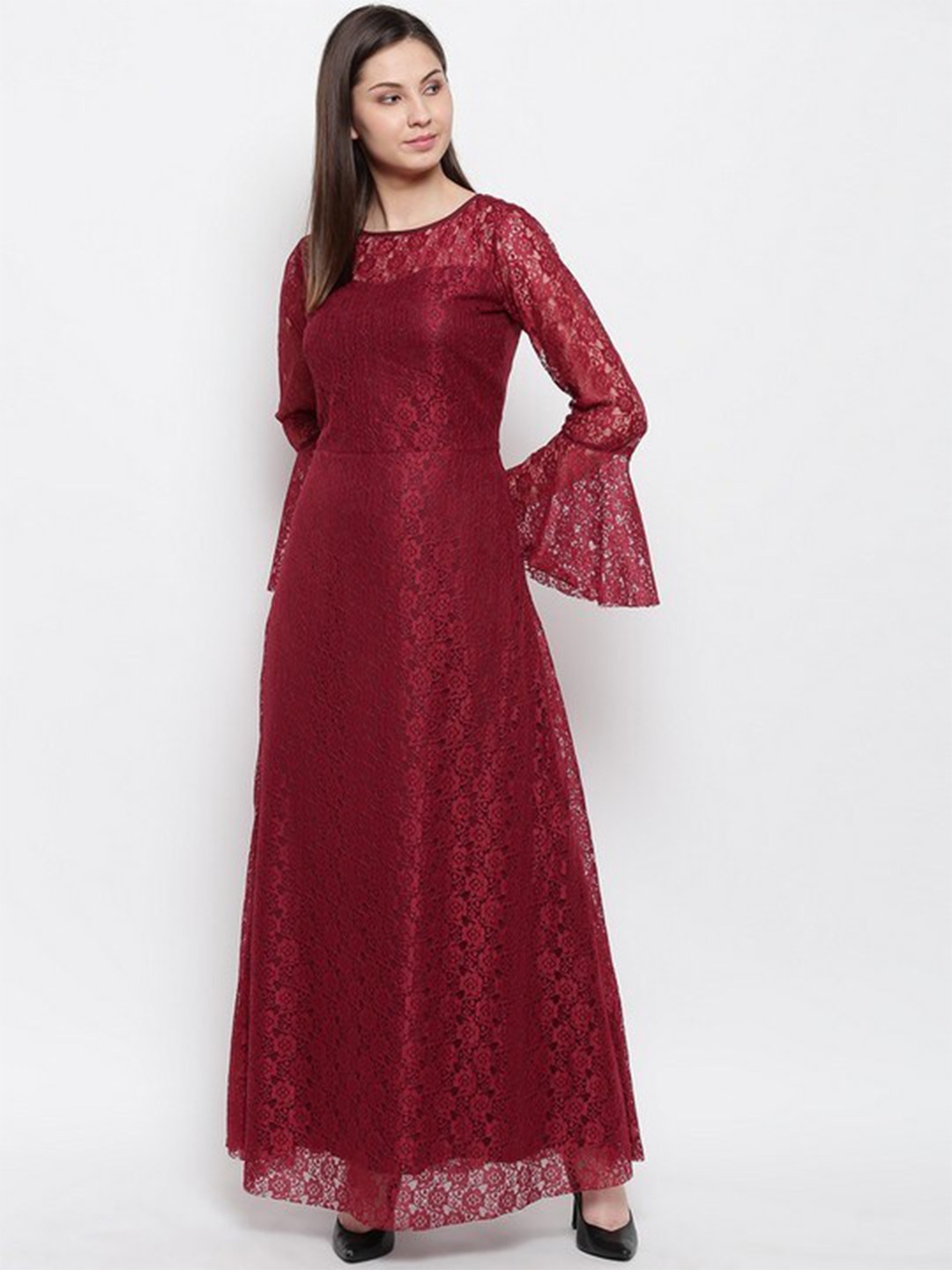 

Karmic Vision Round Neck Bell Sleeve Net Maxi Dress, Maroon