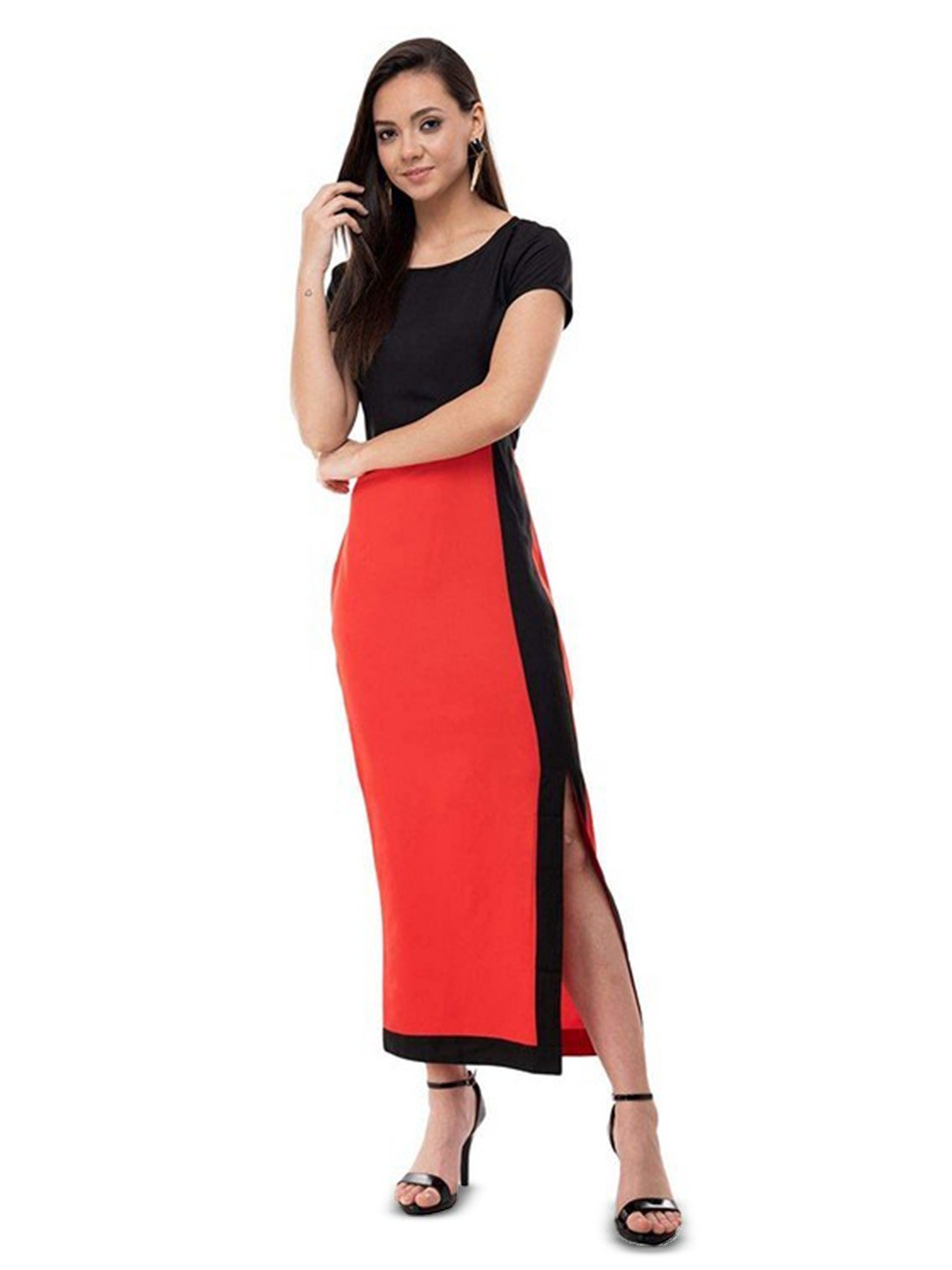 

Karmic Vision Colourblocked Round Neck Crepe Maxi Dress, Black