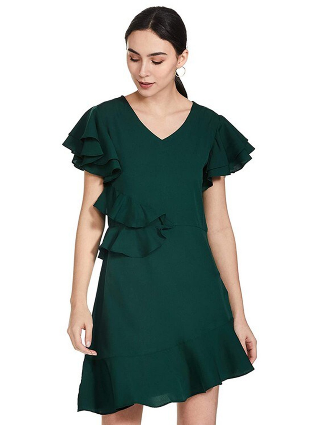 

Karmic Vision Flutter Sleeve Rufled High-Low Crepe Fit & Flare Dress, Green