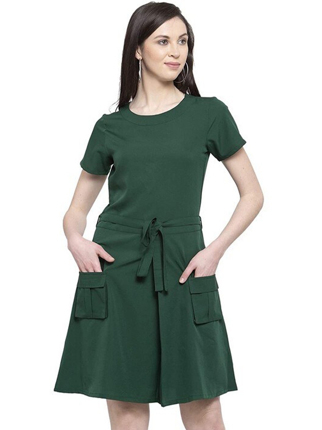 

Karmic Vision Crepe Round Neck Short Sleeves A-Line Dress, Green