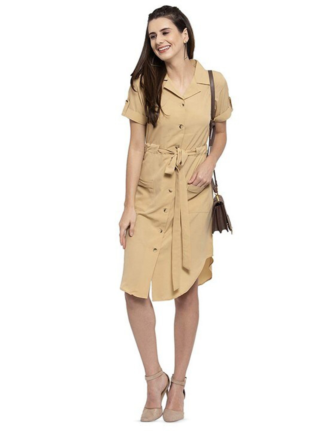 

Karmic Vision Shirt Collar Short Sleeves Crepe Shirt Dress, Beige