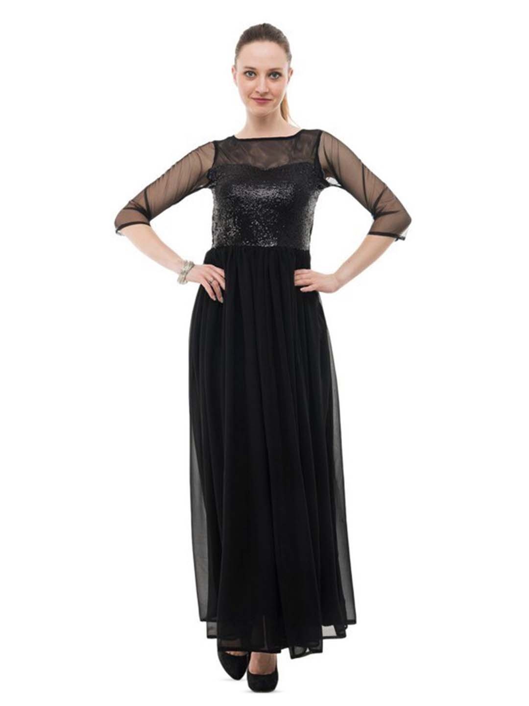 

Karmic Vision Embellished Georgette Fit & Flare Maxi Dress, Black