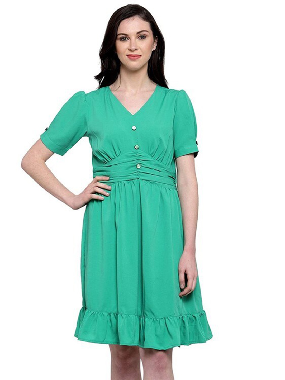 

Karmic Vision Puff Sleeve Crepe Fit & Flare Dress, Green