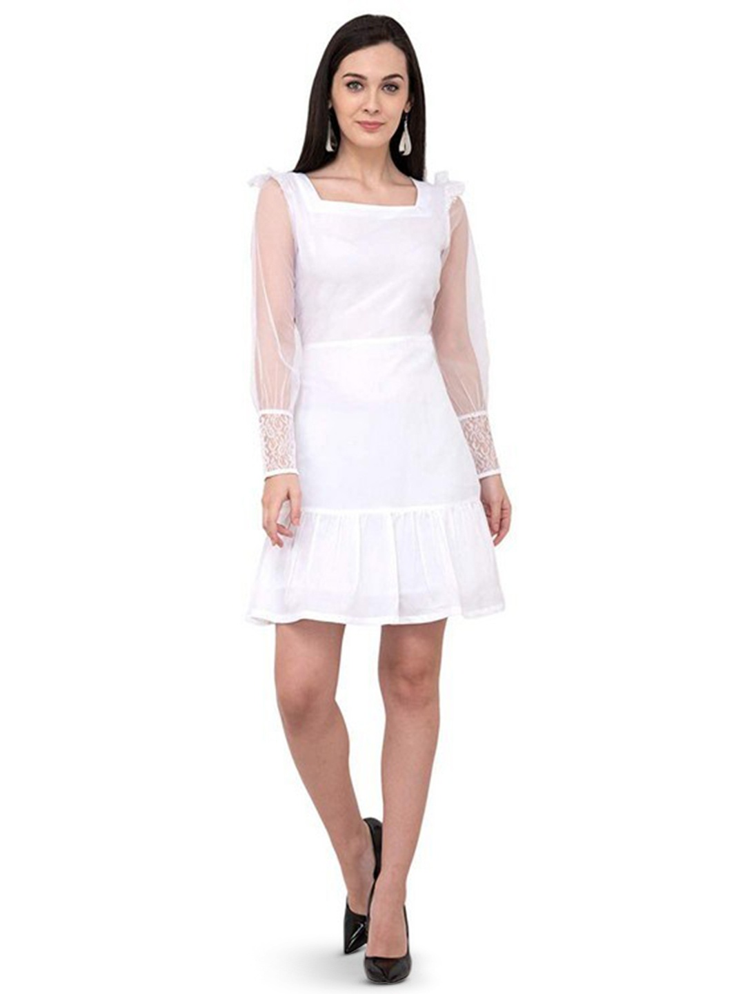 

Karmic Vision Square Neck Long Sleeves Crepe A-Line Dress, White