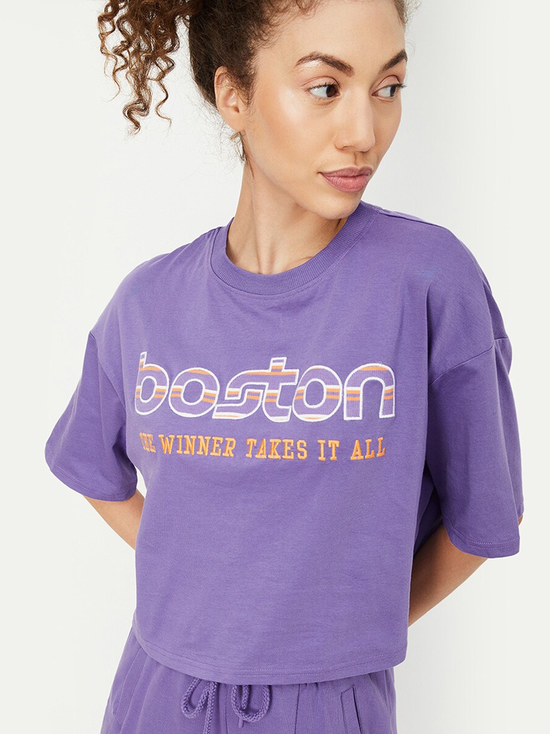 

max Typography Printed Round Neck Drop-Shoulder Sleeves Cotton T-shirt, Purple