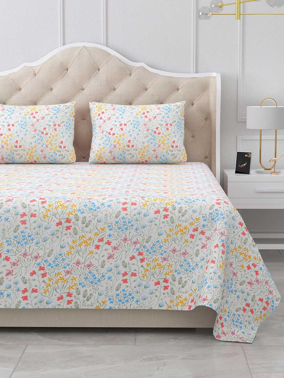 

BELLA CASA White & Pink Floral 180 TC Pure Cotton Flat King Bedsheet With 2 Pillow Covers