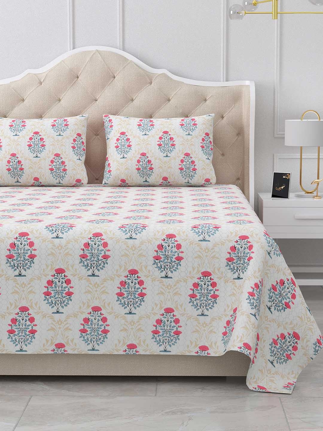 

BELLA CASA Cream & Green Floral 180 TC Pure Cotton Flat King Bedsheet With 2 Pillow Covers