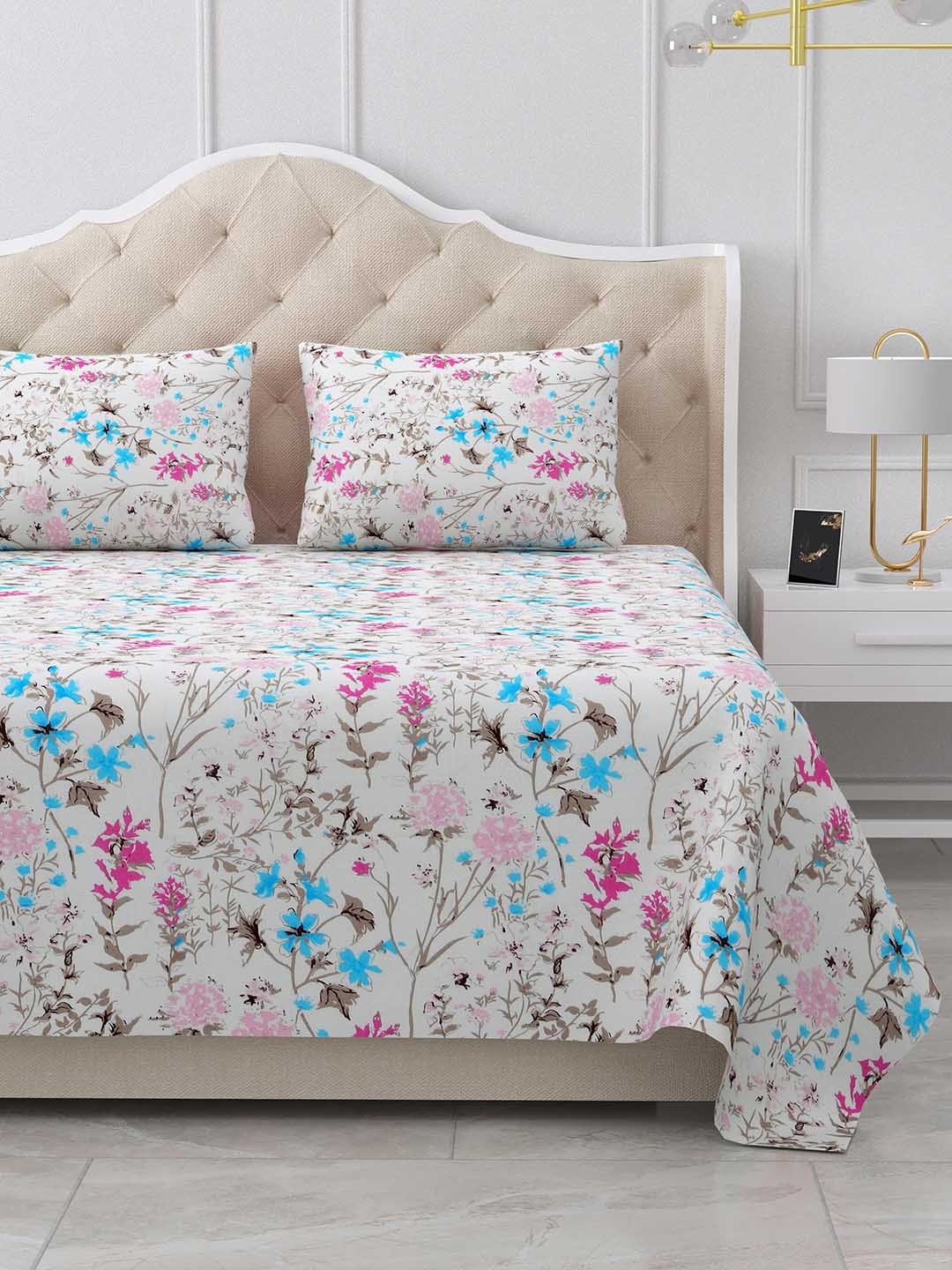 

BELLA CASA White & Pink Floral 180 TC Pure Cotton Flat King Bedsheet With 2 Pillow Covers