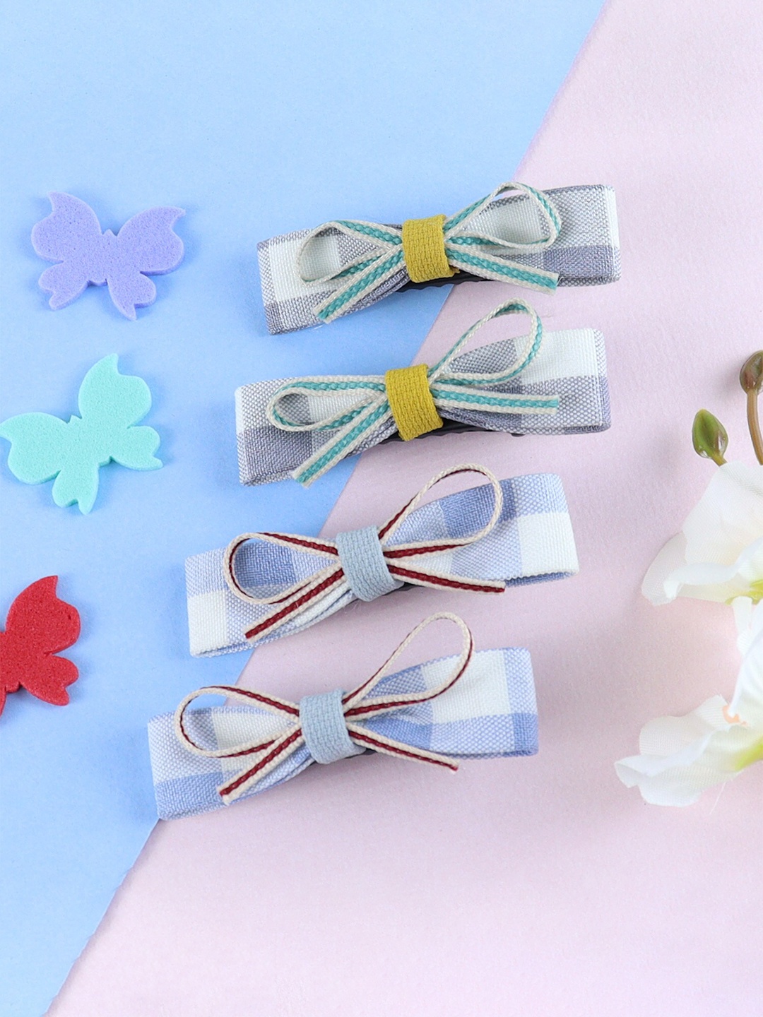 

Asthetika Kids Girls Set of 4 Chequered Alligator Hair Clips, Blue