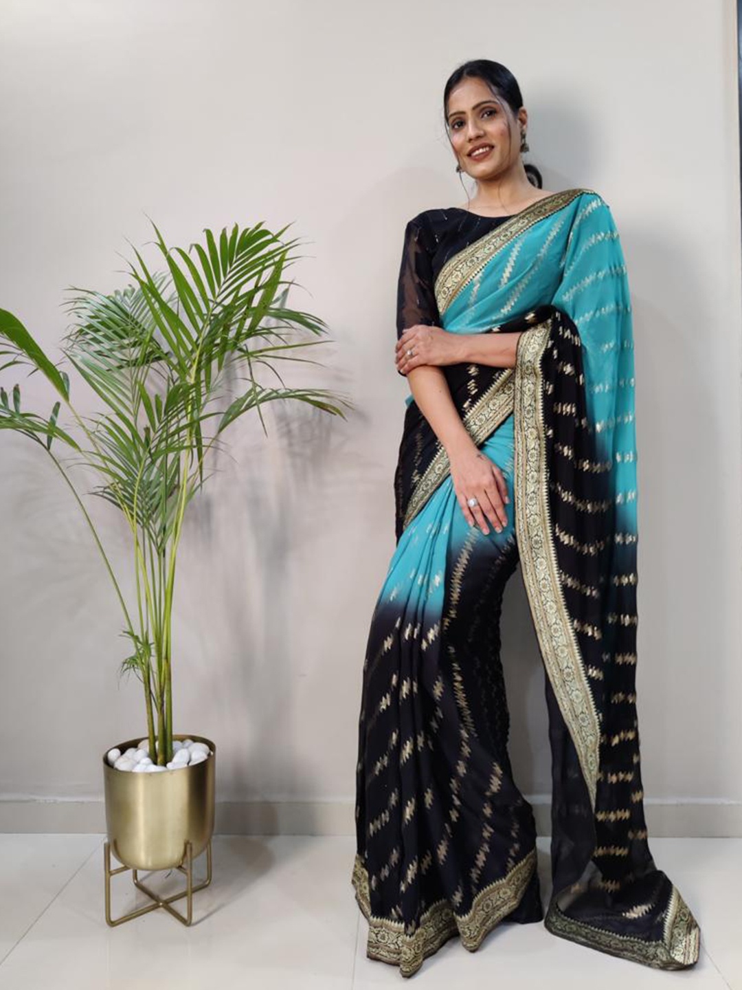 

bansari textiles Woven Design Leheriya Zari Saree, Turquoise blue