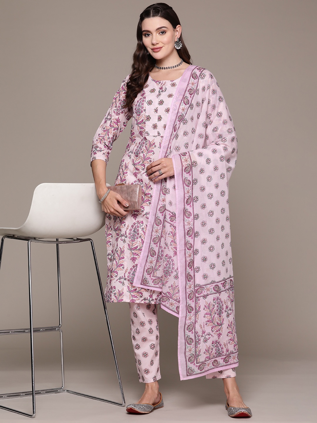 

Readiprint Fashions Floral Printed Sequinned Pure Cotton Kurta with Trousers & Dupatta, Pink