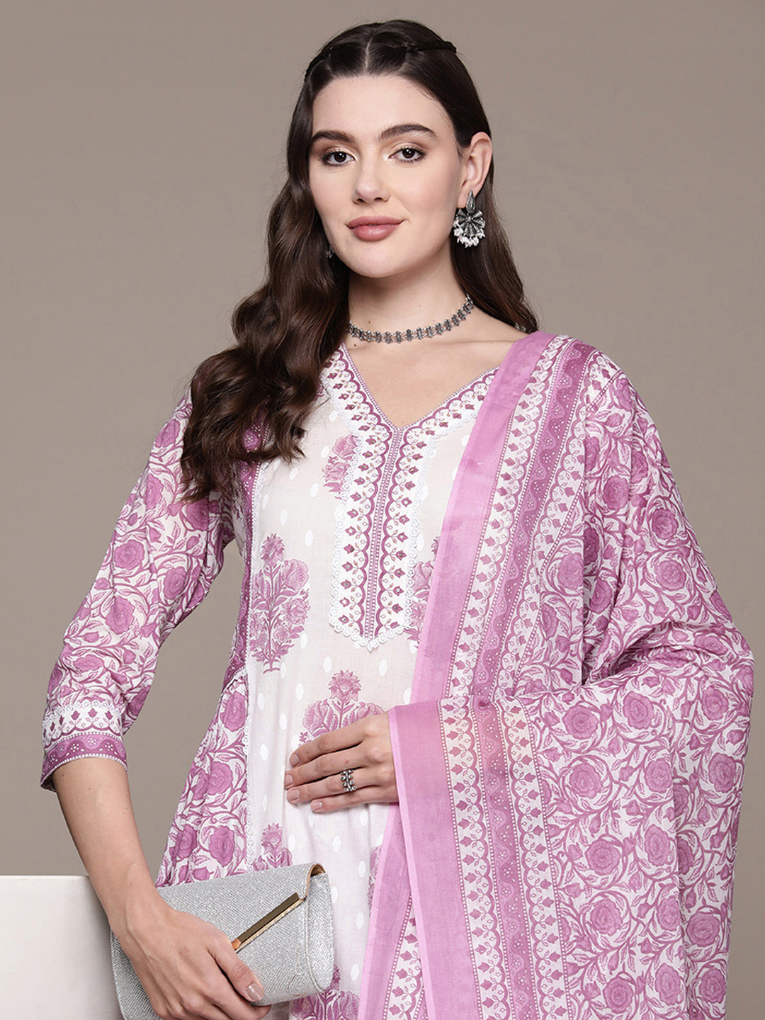 

Readiprint Floral Printed Pleated Sequinned Pure Cotton Kurta Set, White